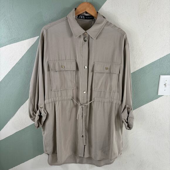 Zara Wome'ns Size Large Button Front Oversized Drawstring Tunic Top Shirt Dress - Picture 12 of 13